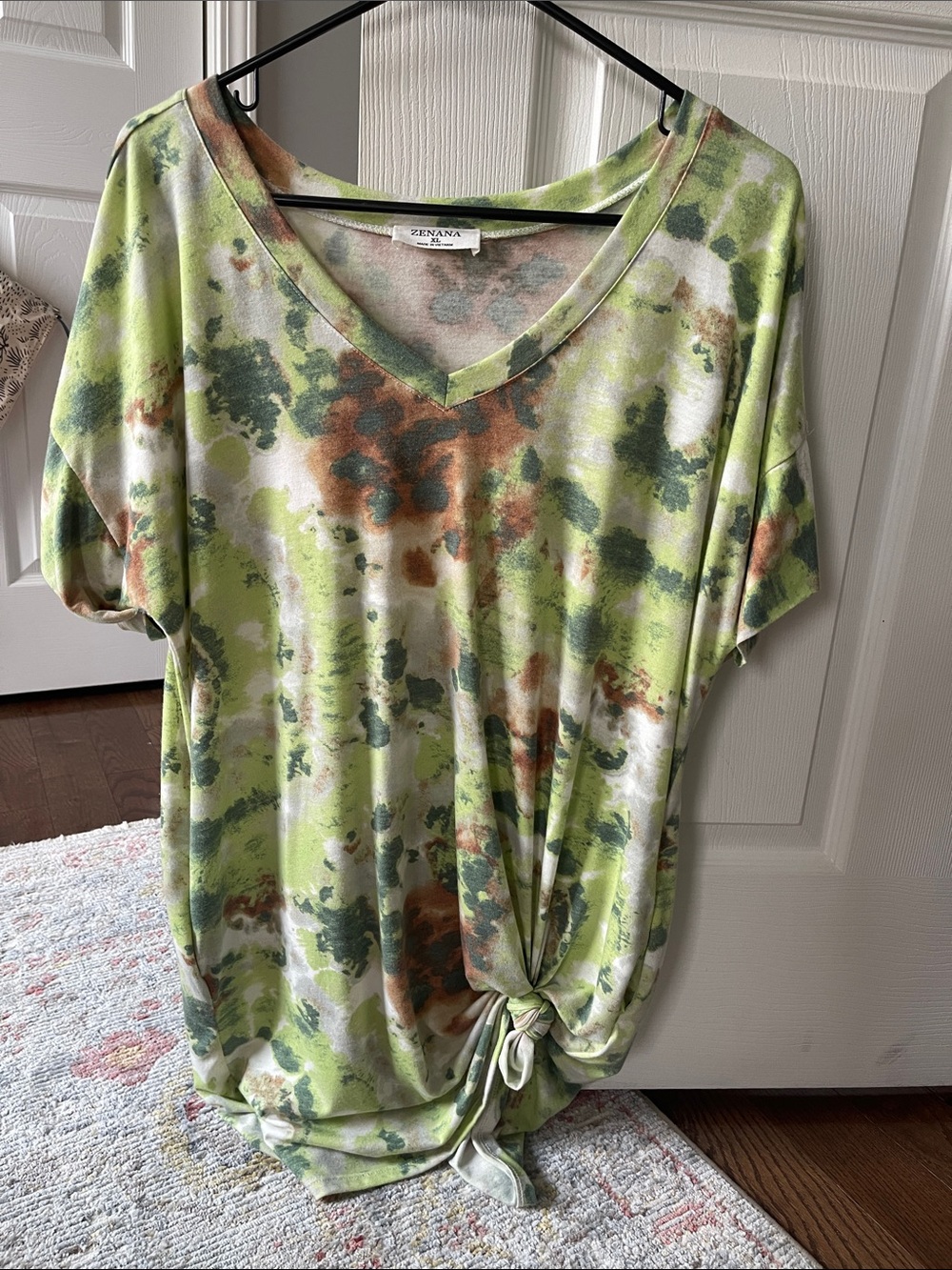 Zenana Outfitters Lime Green Tie-Front V-Neck Tee with Earthy Print